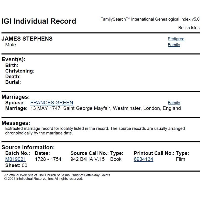 James Stephens & Frances Green 1747 Marriage Record
